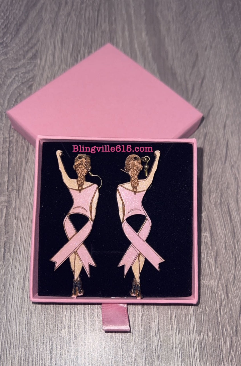 Breast Cancer Earrings Caucasian Woman